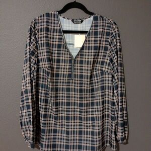 BloomChic Navy Plaid Zip-Up Blouse